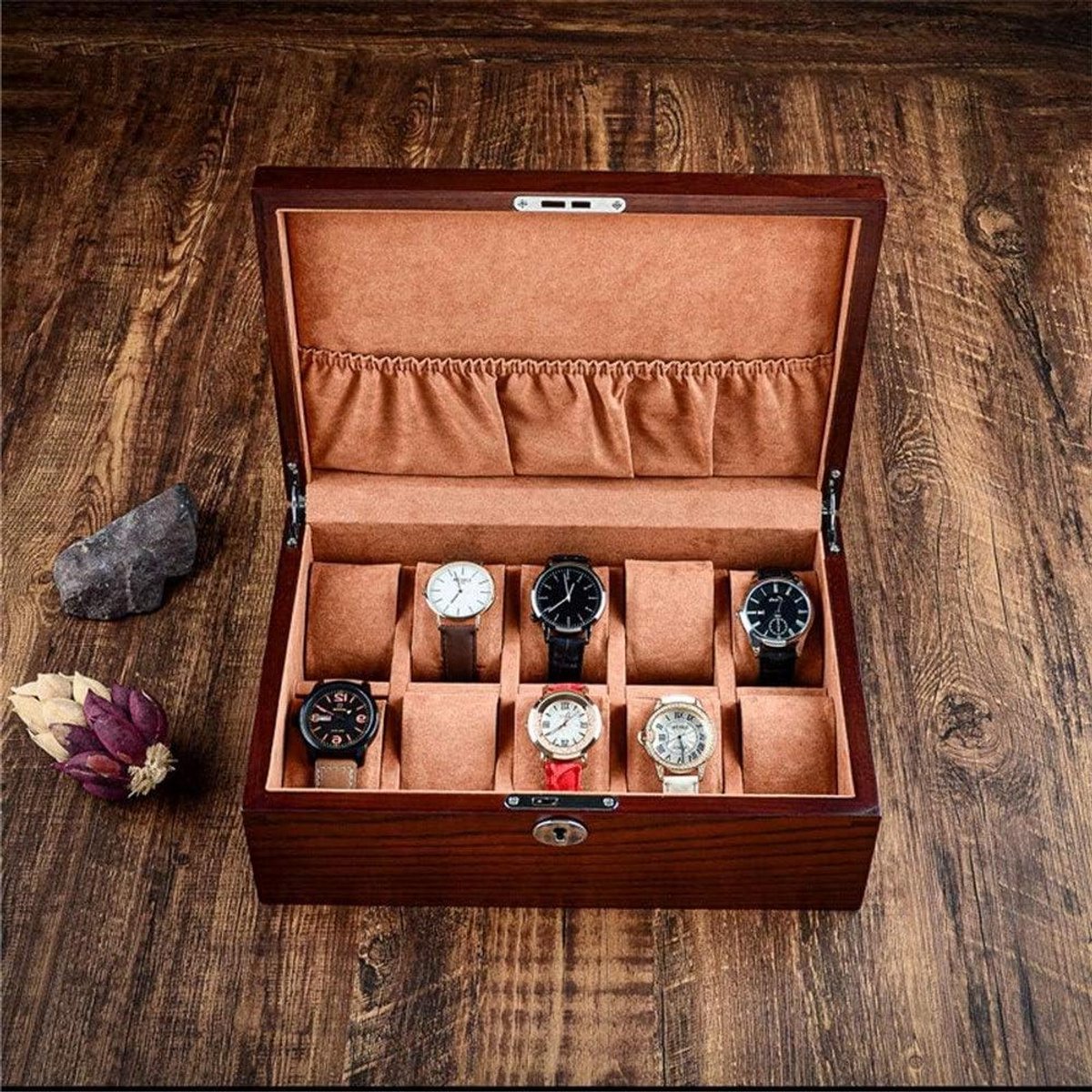 Horlogedoos Massief Hout - Sieraden Opberger - Horloges Beschermen - Transparant Glazen Dak - 10x10x10 Millimeter - Bruin