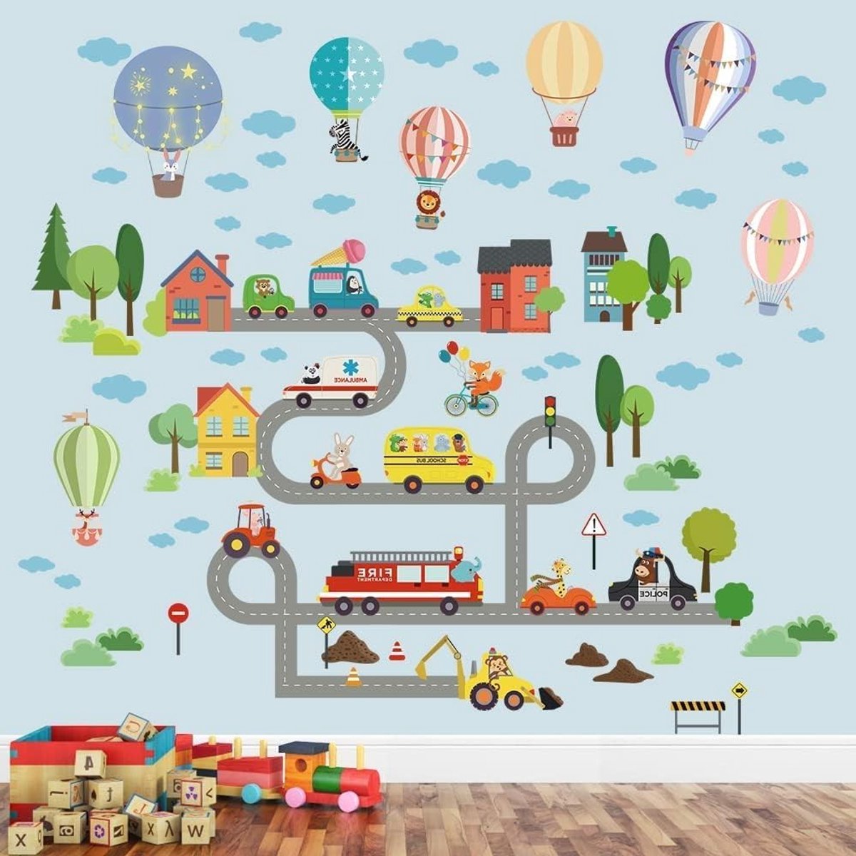 Muurstickers voor Kinderen met Vervoersmiddelen, Heißluftballons en Stadsdecoratie voor Sp