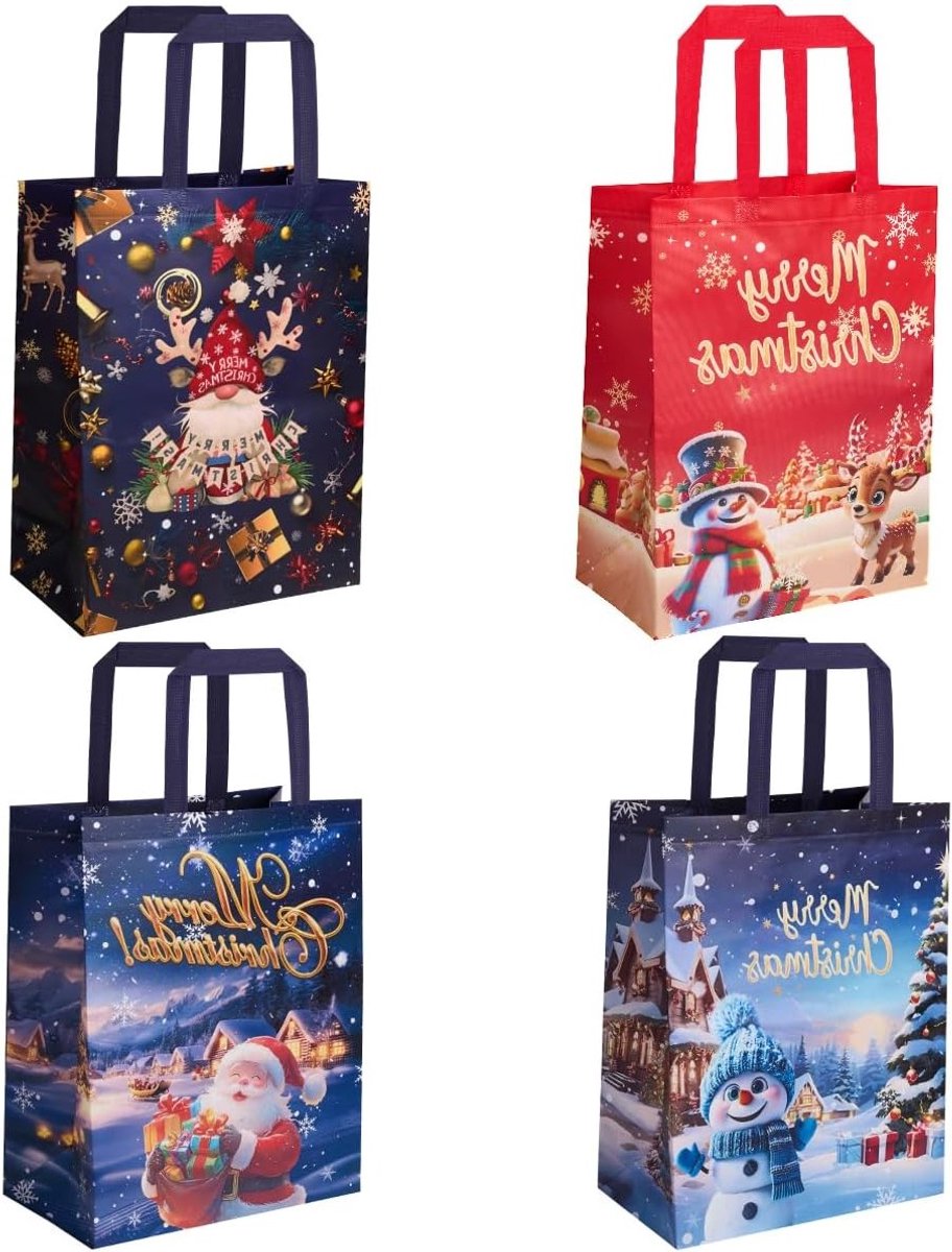 Grote herbruikbare kersttassen van non-woven stof 41,5 x 29,5 x 16 cm - 4 stuks cadeau- en boodschappentassen voor de feestdagen