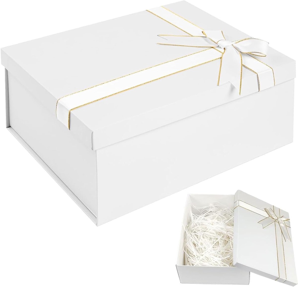Elegante Geschenken Doos met Deksel en Strik voor Verjaardagen, Bruiloften en Feestdagen in Wit met Gouden Accenten
