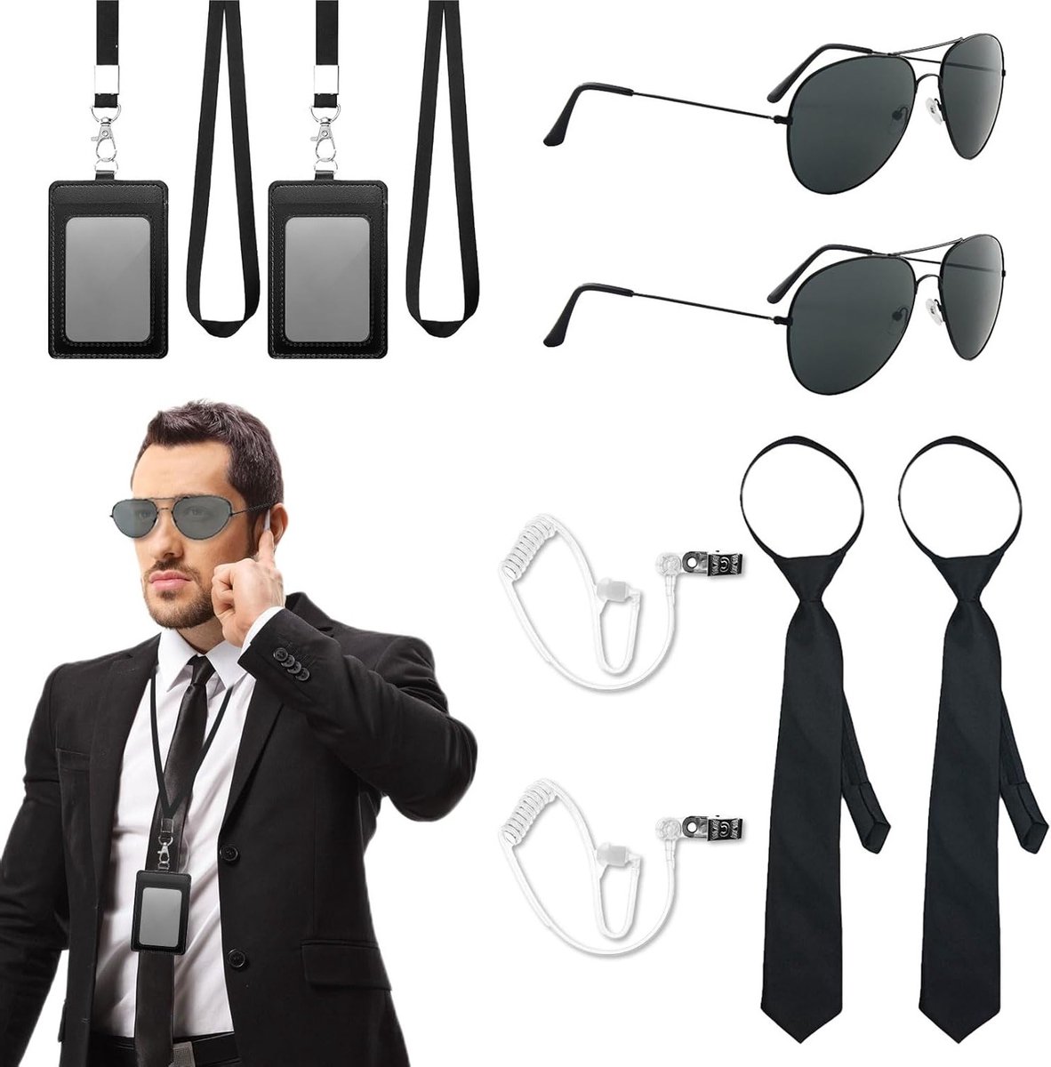 10-delige Accessoire Set voor Agenten, Kostuumaccessoires met Zonnebril, Stropdas, Kaarthouder en Oordopjes voor Cosplay en Filmfeestjes