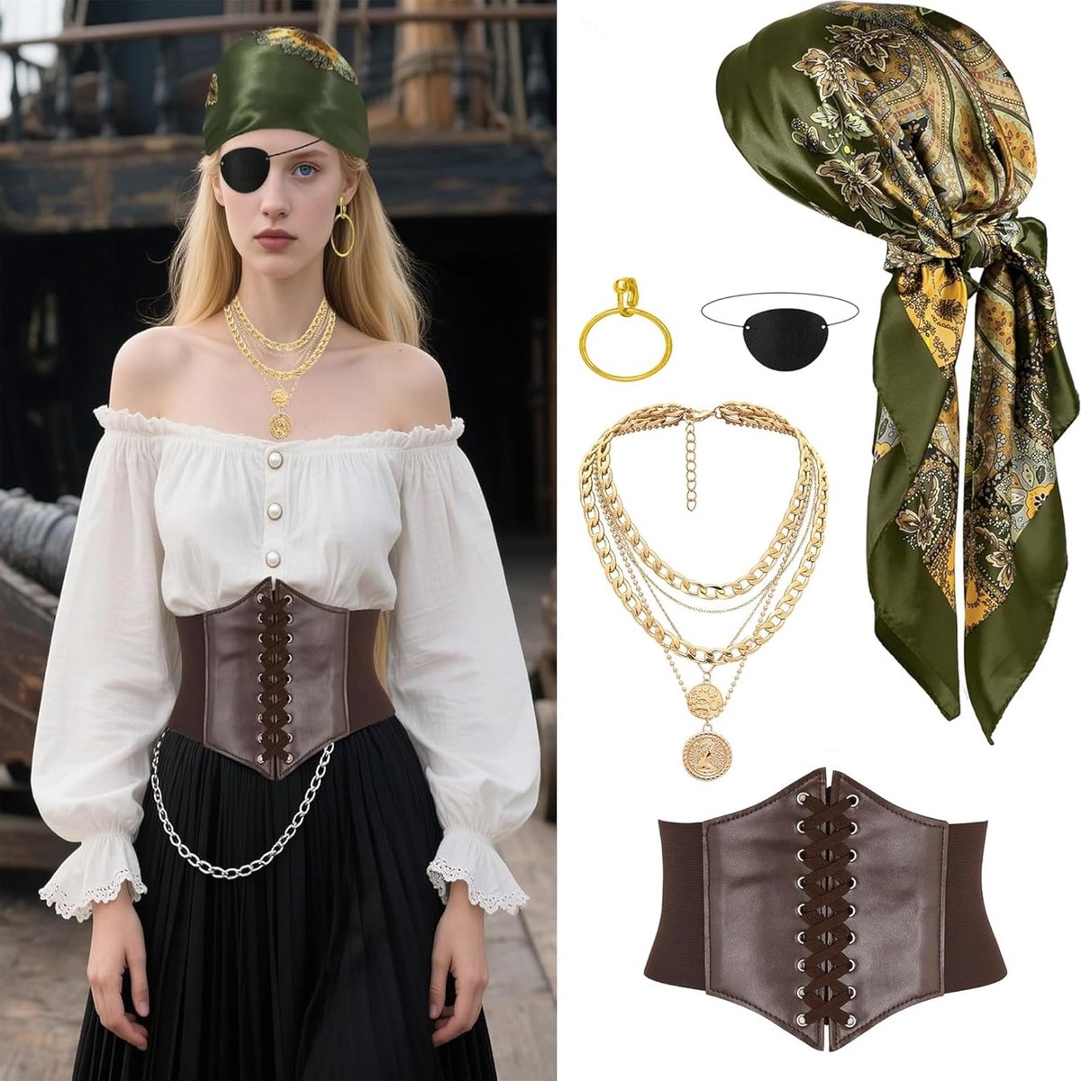 Vrouwelijk piratenkostuum met 9 accessoires, inclusief hoofddoek, ooglap, ketting en sieraden voor carnaval en themafeesten