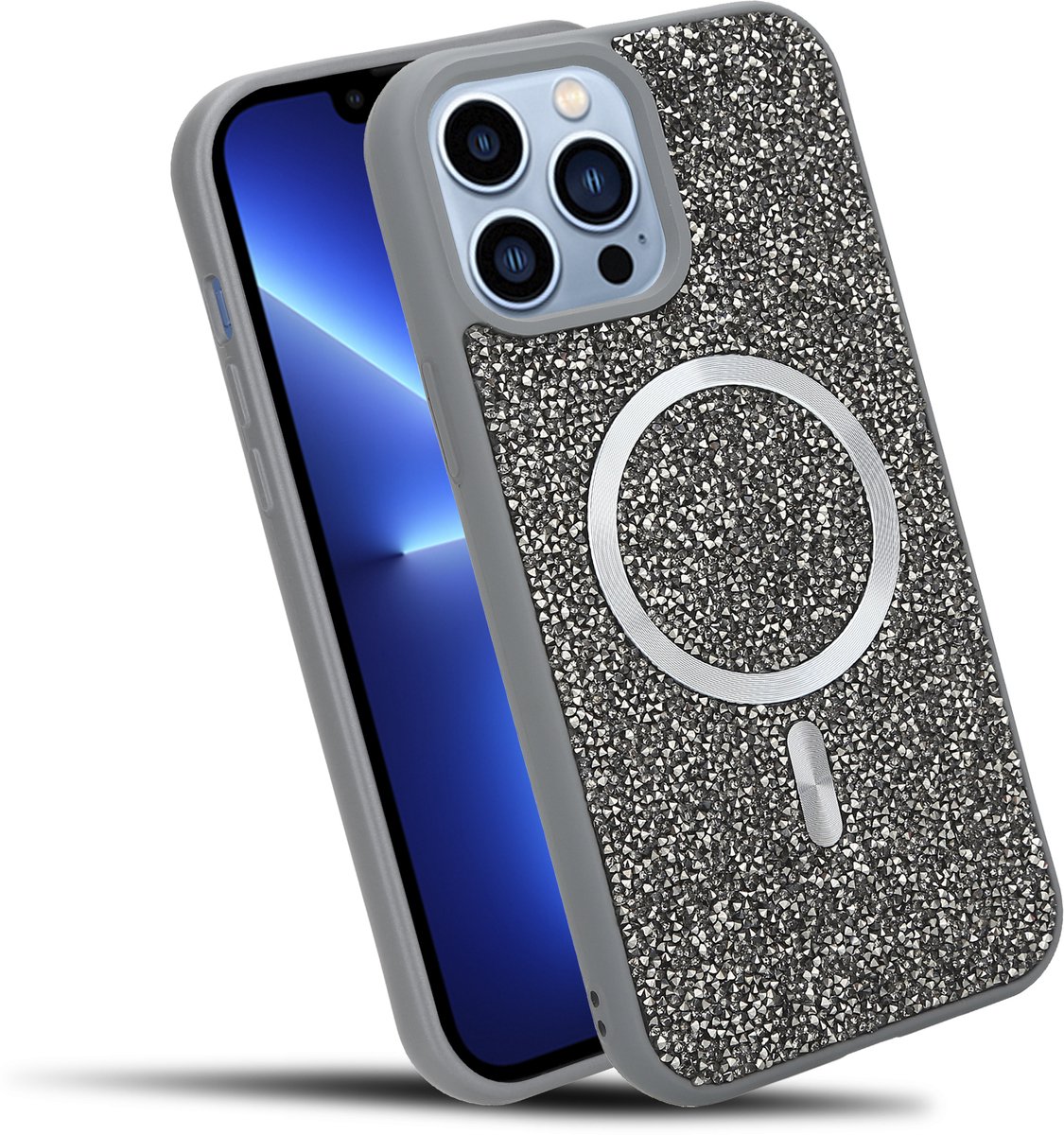 Hoesje geschikt voor iPhone 13 PRO MAX in Grijs Diamant Glitter Stijl