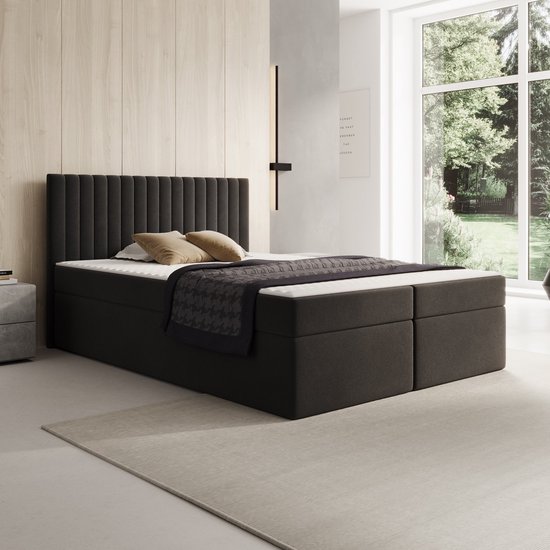 Meubella - Taiko - Boxspring met opbergruimte - Stof zwart - 140x200 cm