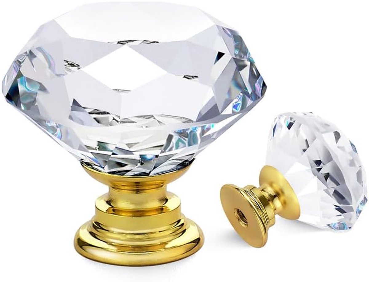 Ladeknoppen Set - Kristal Diamant Handgrepen - 5 Stuks - 30 mm Gouden Basis - Voor Keuken Kast en Commode - Heldere Glazen Design