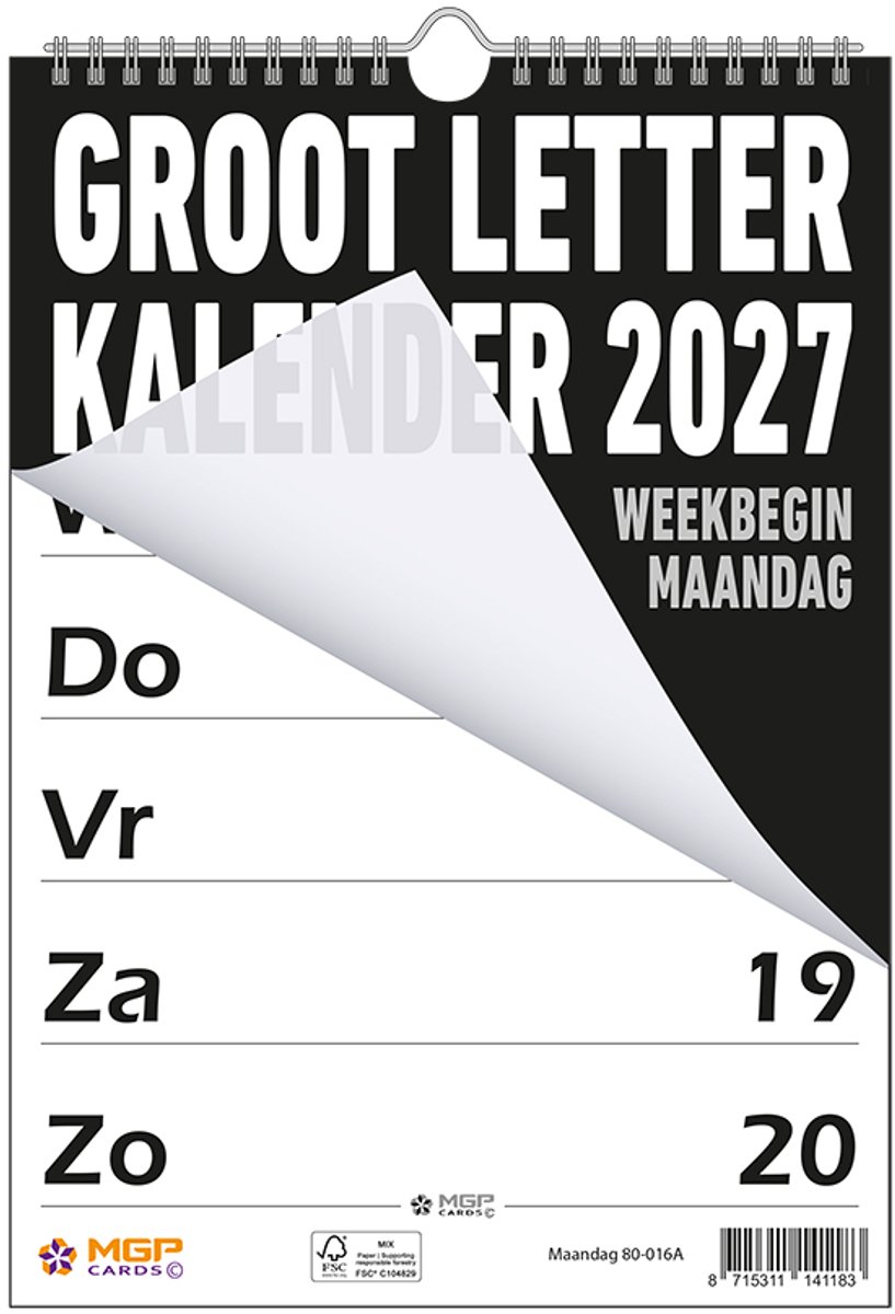MGPcards - Grootletter kalender - 2027 - Week begint op maandag - 21 x 34 cm - Zwart