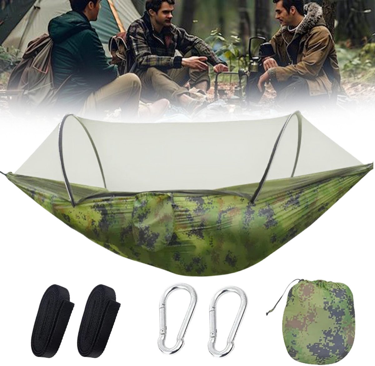 Hangmat - Dubbele en Enkele - Hangmatten - Draagbare Hangmat met Boomtouwen - Lichtgewicht Nylon Parachute - Hangmatten Camping met Muggennet - Groen
