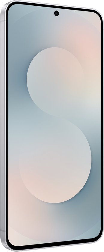 Witte smartphone met zilverkleurige rand. Het scherm toont een pastelkleurig S-vormig patroon.