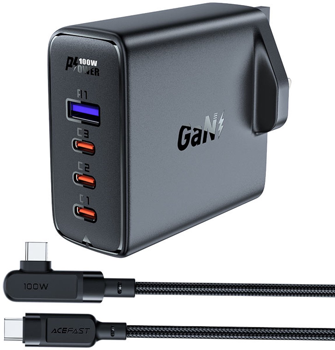GaN - UK - 100W Power Delivery snellader 3x USB C 1x USB - zwart