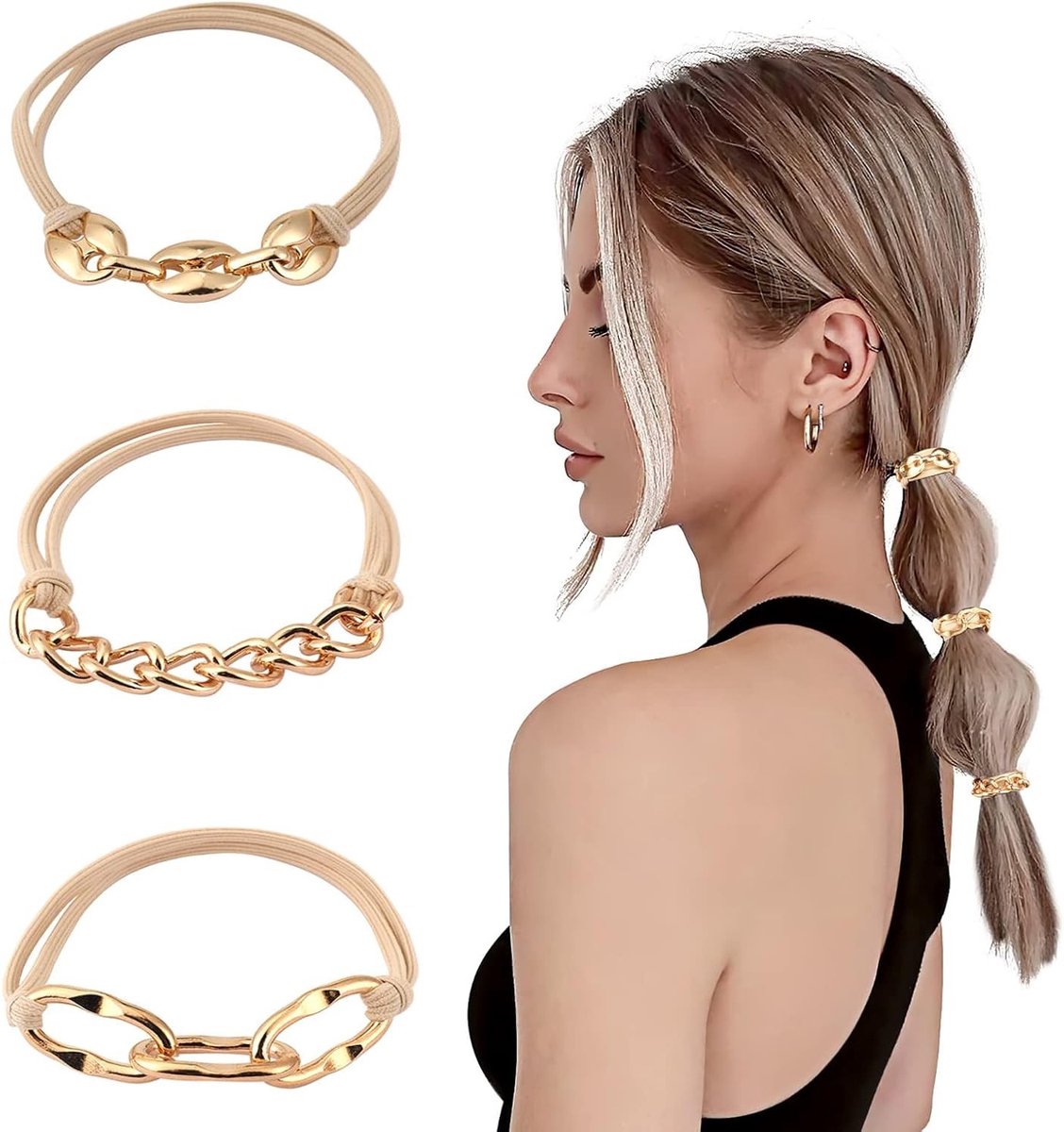 Ponytail houders voor dames en meisjes, metalen ketting haaraccessoires voor dik en krullend haar, set van 3