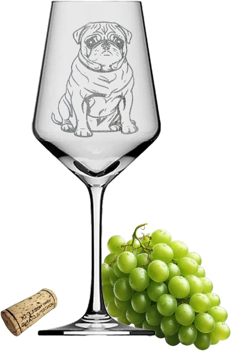 Wijnglas Gravure - Mop Glas - Wijn Proeven - Vaatwasserbestendig - 350 ml - Mops