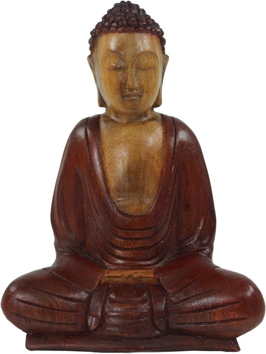 Houten Boeddha Beeld - Boeddhabeeld Handgemaakt - Meditatie en Ontspanning - Uniek Handgesneden Stuk - 20 cm Hoog - Rood van Merkloos — afbeelding 4