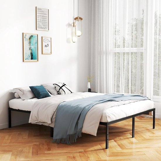 Metalen Bedframe 160x200 cm – Tweepersoons Platform Bed met Opbergruimte 36 cm Onder het Bed – Stevig Stalen Lattenbodem Bed Zonder Boxspring – Zwart Modern Design