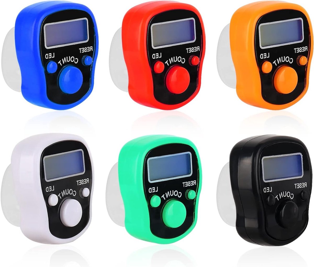 Digitale Vinger Teller Set van 6 Stuks, LED Verlichting, Verstelbare Ring voor Breien en Sportactiviteiten