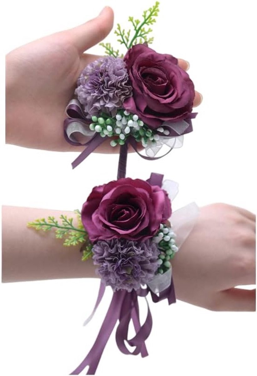 Set van 2 Roze Polsboeketten en Bonnier, Zijde Bloemen voor Bruid, Feest, Bruidsmeisje en Decoratie