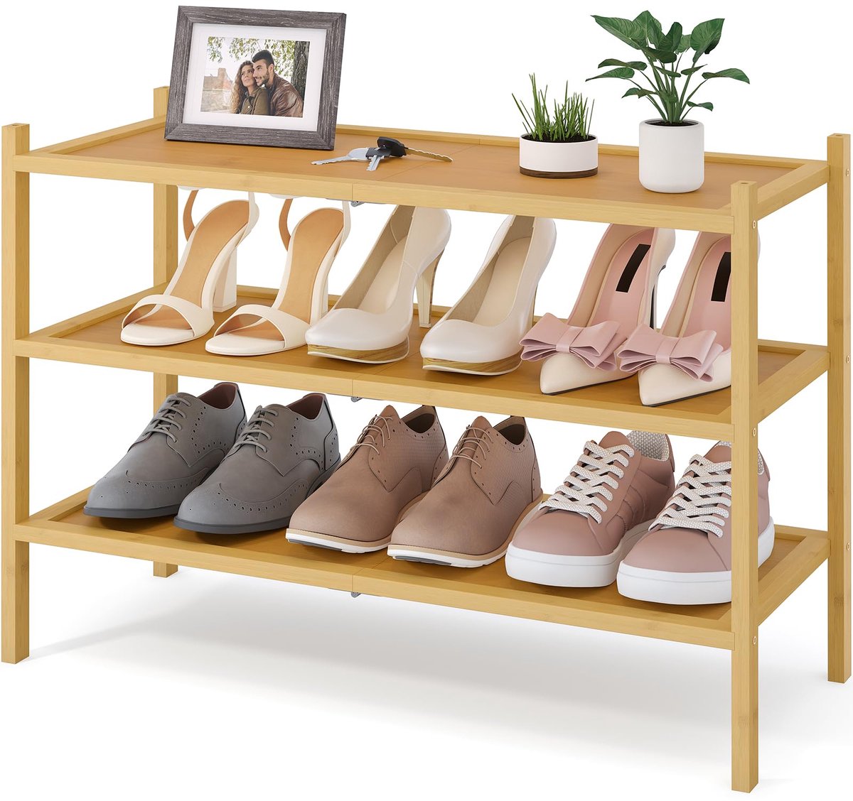 Smiry Schoenenrek (3 niveaus) - Bamboe Schoenenrek - Houten Schoenenkast -Schoenenrek hout - 68x28x46.5cm - Houtkleur