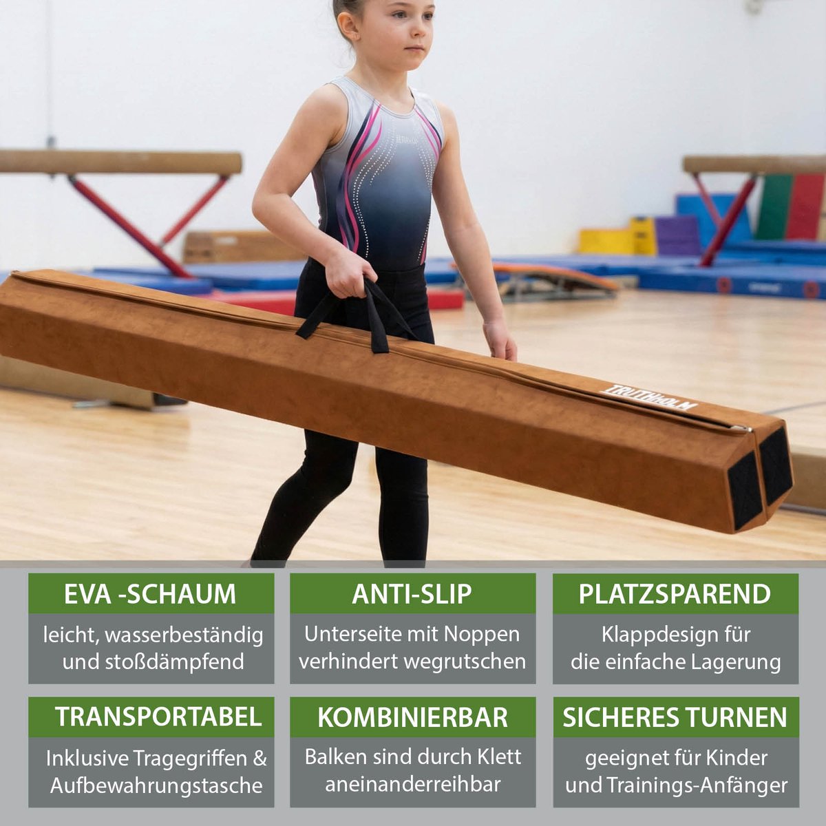 Schwebebalken 300 cm braun klappbar auf 150 cm tragbarer Turnbalken inkl.Tragetasche