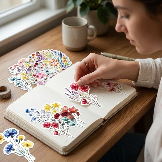 Une femme colle des autocollants de fleurs dans un carnet, avec une pile d'autocollants et une tasse en arrière-plan.