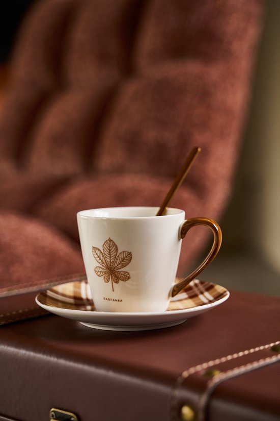 J-Line boite à thé + sous-tasse Feuille - céramique - marron - large - boîte de 4