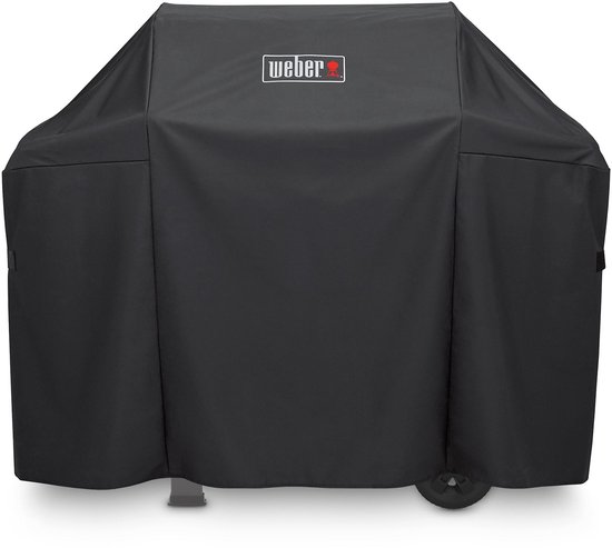Zwarte Weber grillhoes die een gasgrill bedekt. Met Weber logo.