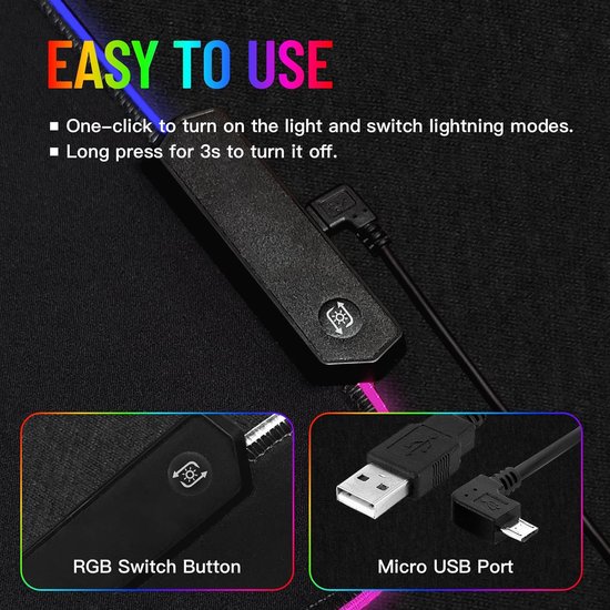 RGB Muismat - Bureaumat LED - Gaming Setup - Glad & Antislip Oppervlak - 76x30 cm - Zwart — afbeelding 4