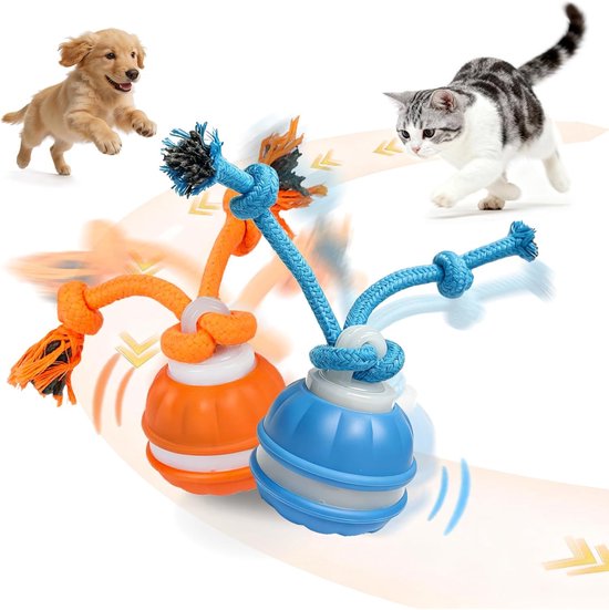 Twee interactieve speeltjes voor huisdieren: een oranje bal met touw en een blauwe bal met touw. Een puppy en een kitten spelen ermee.