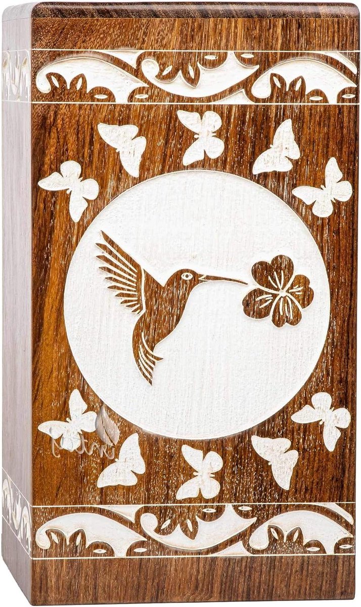Houten Urn - As Urn - Herdenking - Handgemaakt - 115 Kubieke inch - Wit met vogels
