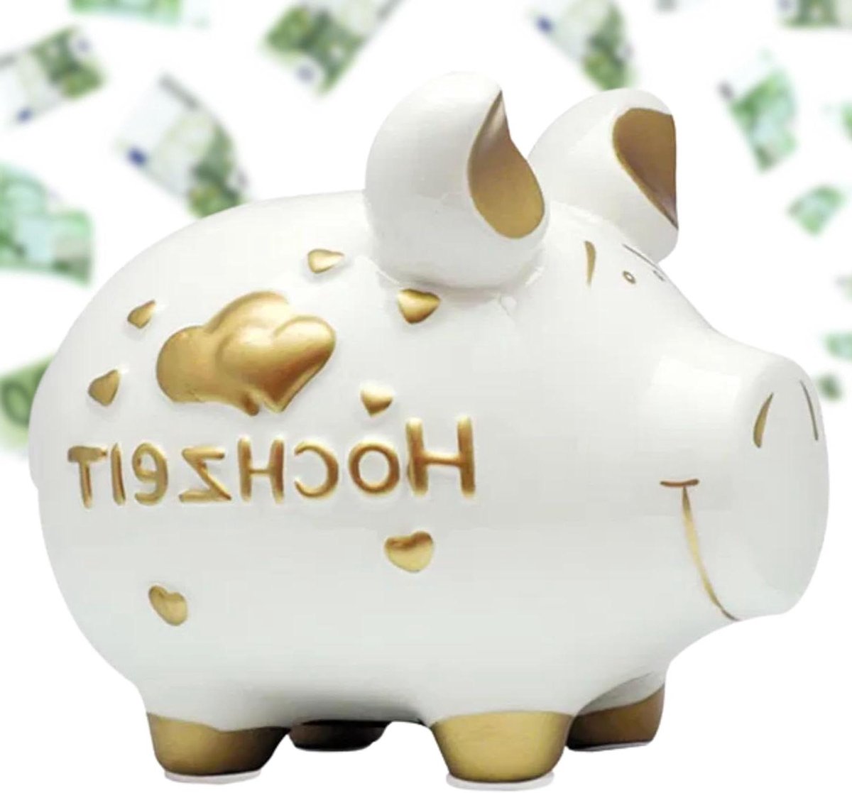 Bruiloft spaarvarken - Keramische spaarpot - Cadeau geven - Met ringpaar - 17 cm - Wit goud
