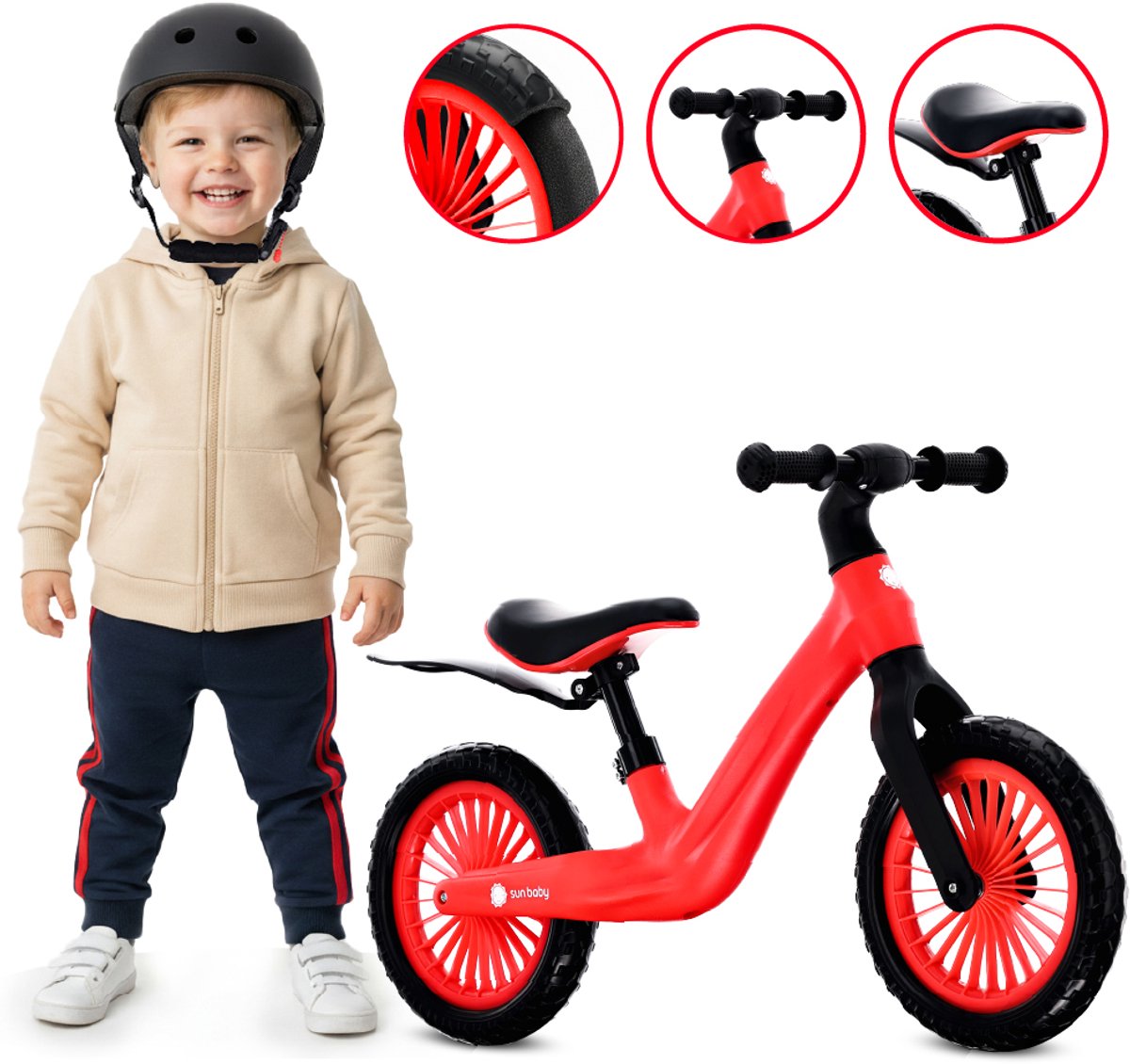 sun baby Loopfiets voor Kinderen Sport - 2 jaar, max. 30 kg, Loopfietsen, nylon frame, EVA-wielen, verstelbaar zadel en stuur - Rood