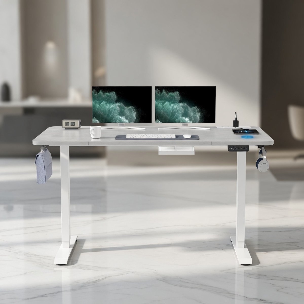 Elektrisch Zit-Sta Bureau 160x80 cm met Inductielader, Stopcontacten, USB & Geheugenfunctie – In Hoogte Verstelbaar Bureau met Wielen, Kabelmanagement & Stalen Frame – Mobili Bella