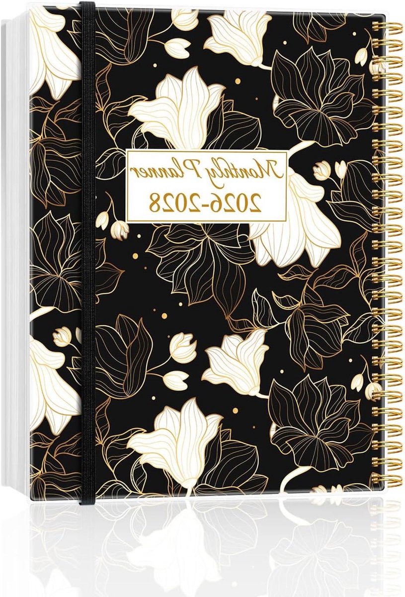 Maandplanner 2026-2028 - Drijarige kalender - Planning maken - Spiraalbinding met sluiting - 85 x 11 inch - Witgouden bloem