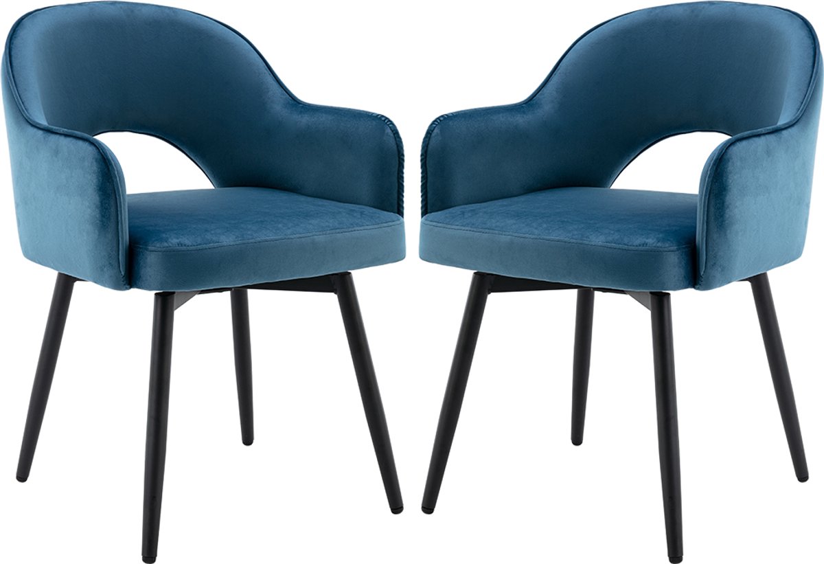 chairus Eetkamerstoel Set van 2 stoelen - Blauw - Velvet - Met Metalen Poten en Armleuningen - Holle Rugleuning - Vaste Hoogte en Draaibaar - Gewatteerde Zitting - Voor de Woonkamer en Keuken