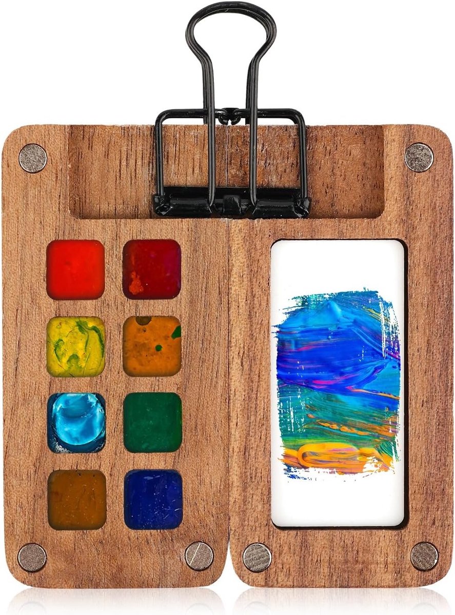 Draagbare houten verfpalet met 8 vakken voor aquarel en gouache, ideaal voor onderweg, inclusief clip en mini formaat