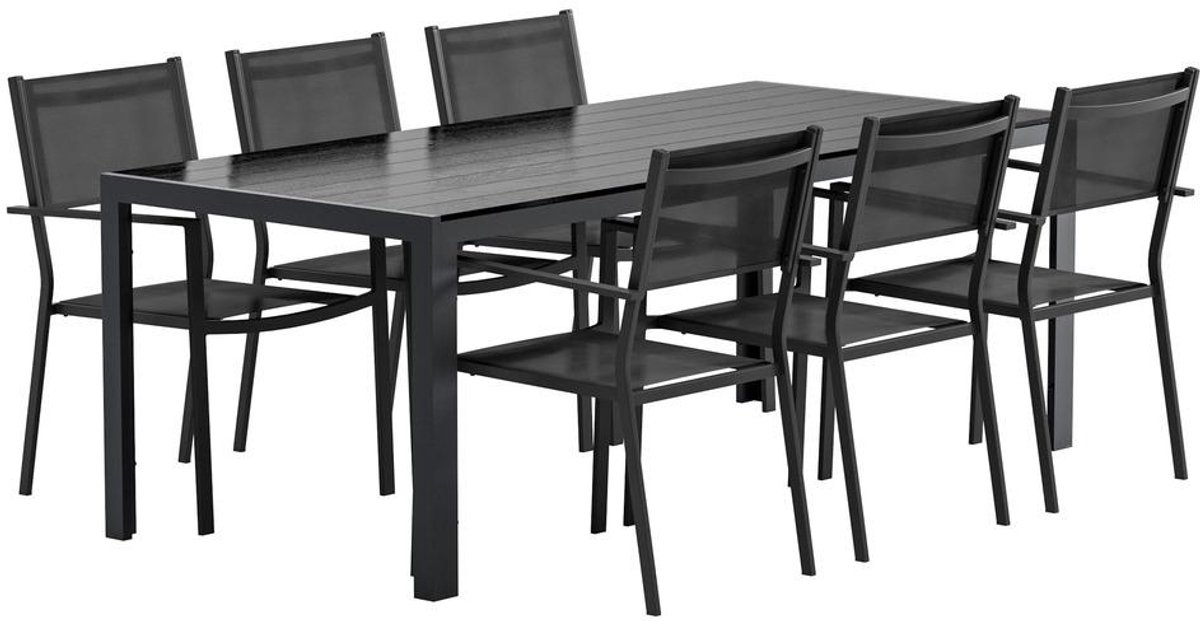 Svea - Reginald rechthoekige tuintafel - zwart + 6x Jami tuinstoelen - zwart