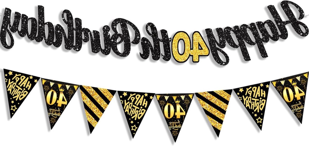 Feestelijke verjaardagsdecoratie slinger in zwart en goud voor een stijlvolle 40e verjaardag