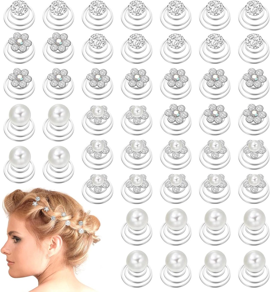 48 Stuks Spiral Haarspelden met Parels en Kristallen voor Bruiloft, Prom en Feestjes