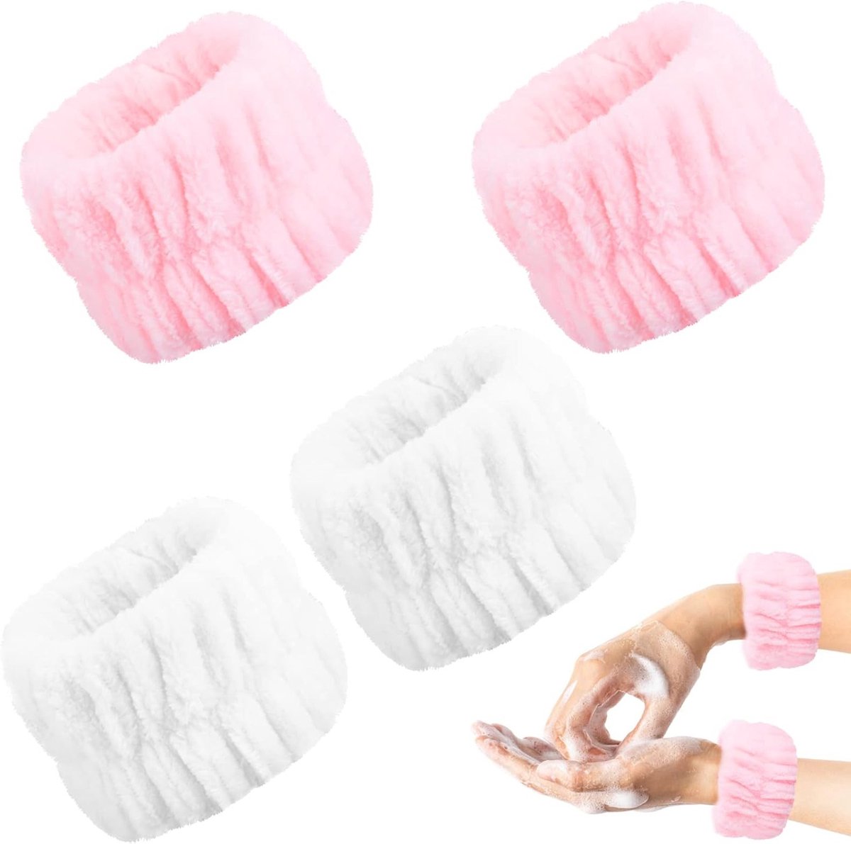 Fluffy en Elastische Absorberende Polsbanden voor Vrouwen - Voorkom Vloeistofverlies tijdens het Gezichtwassen (Roze & Wit) - Ideaal voor Schoonheidsroutine en Make-up Gebruik