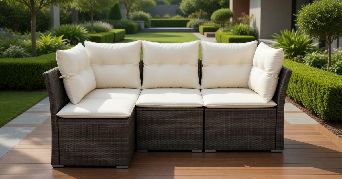 Luxe 5-Delige Tuinset Polyrotan met Kussens – Bruin & Crème – Comfortabele Loungeset voor Balkon, Tuin & Terras – Weerbestendig & Onderhoudsvriendelijk – MedaHomeStore
