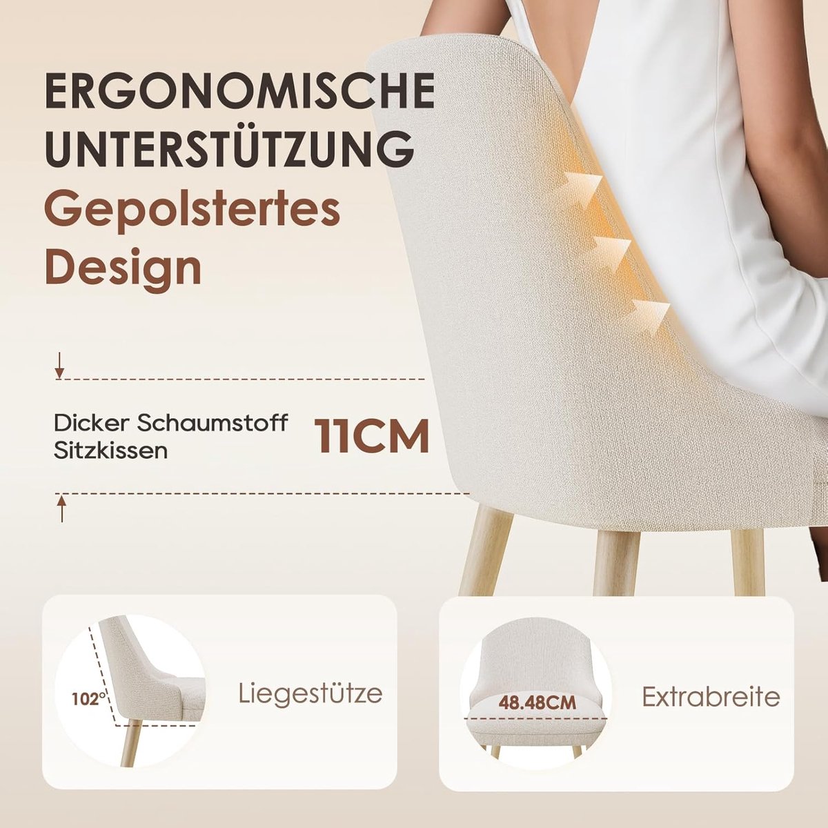 Eetkamerstoelen Set van 4 – Mid-Century Modern Gestoffeerde Stoelen met Houten Poten, Hoge Rugleuning, Beige – 53,5 x 48,5 x 82,5 cm – Comfortabele Stoelen voor Eetkamer, Keuken, Restaurant of Café – Laura