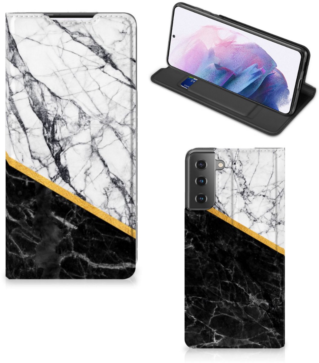 Samsung Galaxy S21 Plus Standcase Marmer Wit Zwart - Origineel Cadeau Man