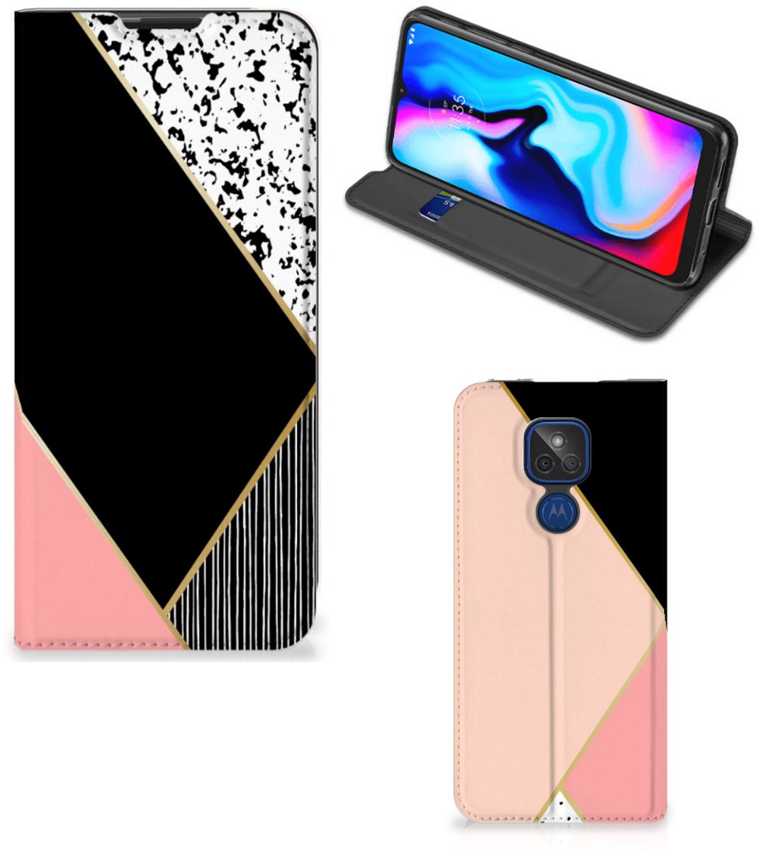 Motorola Moto G9 Play Stand Case Zwart Roze Vormen