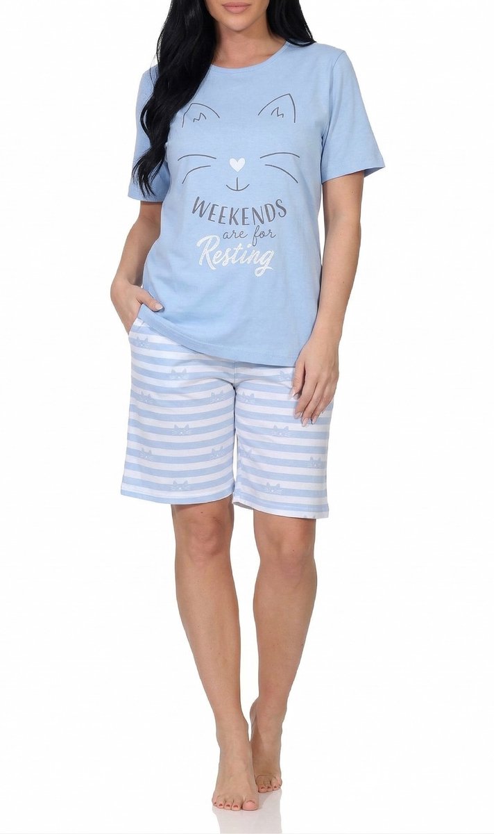 Normann dames pyjama met korte mouwen Shorty Pyjama in kattenlook – ook in grote maten hellblau
