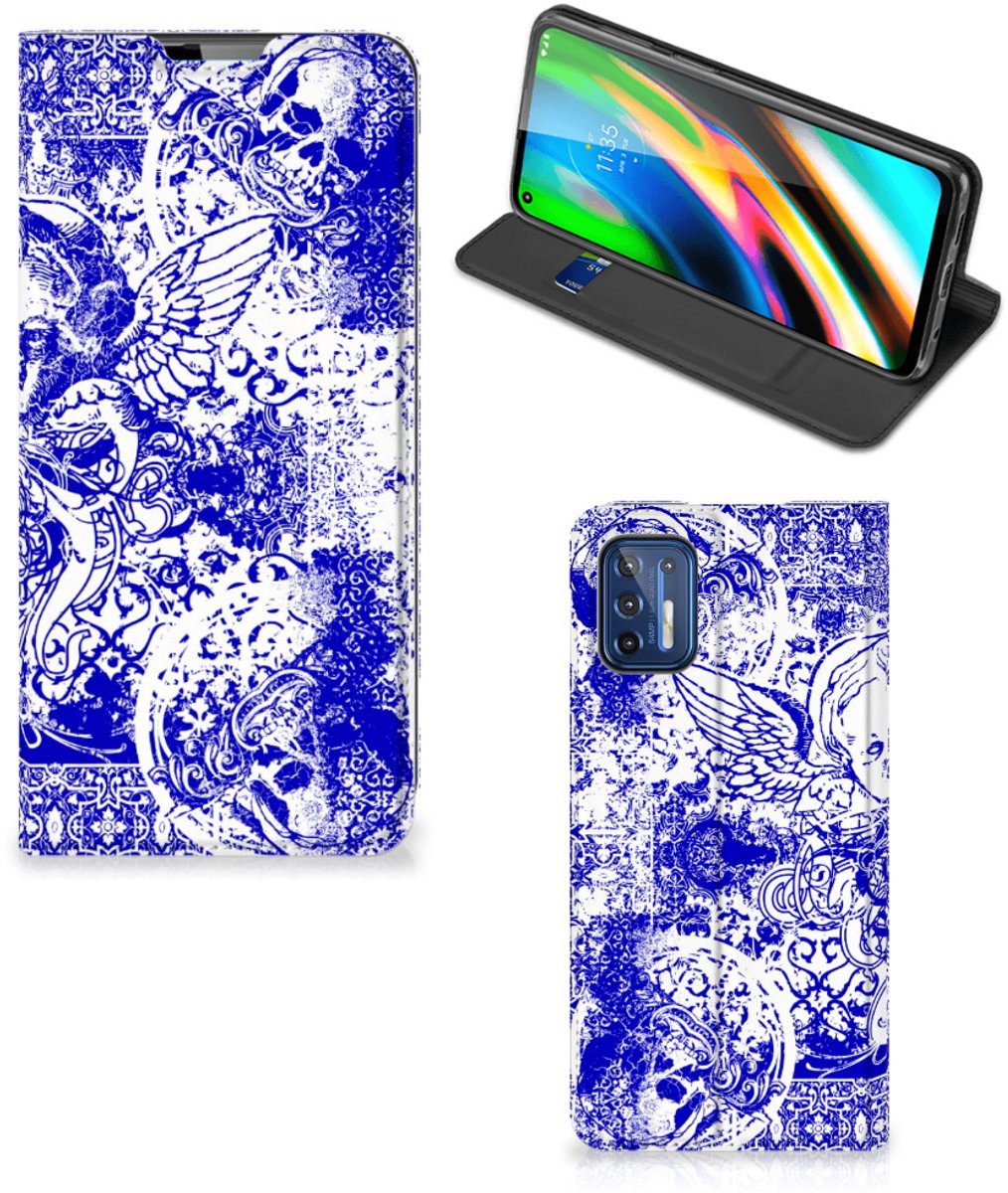 Mobiel BookCase Motorola Moto G9 Plus Angel Skull Blauw