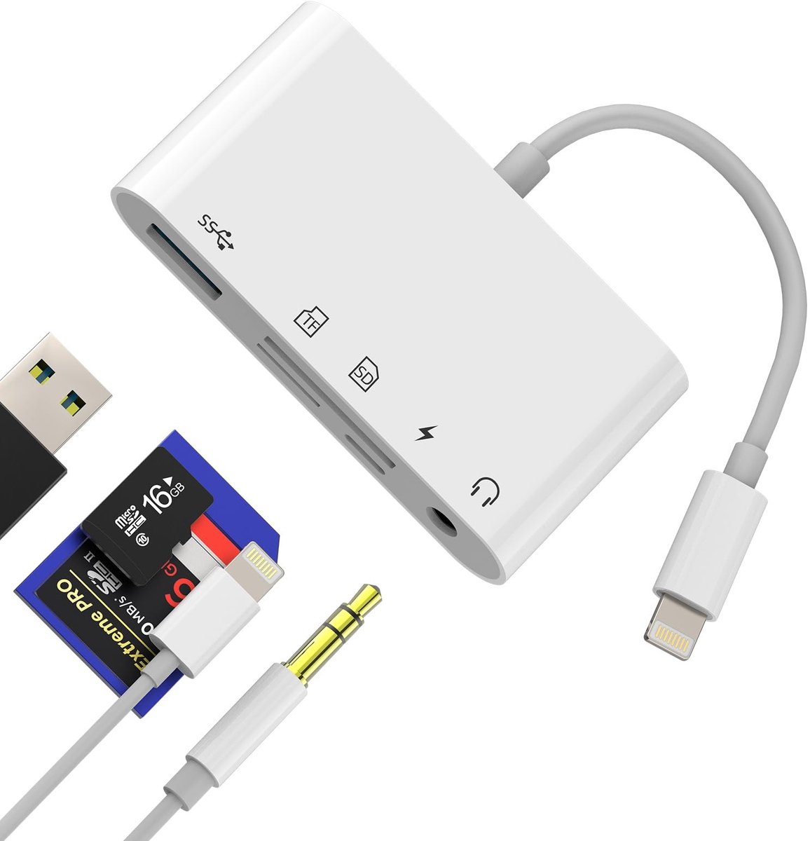 Kefiany 5-in-1 Lightning Adapter met USB 3.0, 3.5mm Jack, SD en Micro SD voor iPhone en iPad