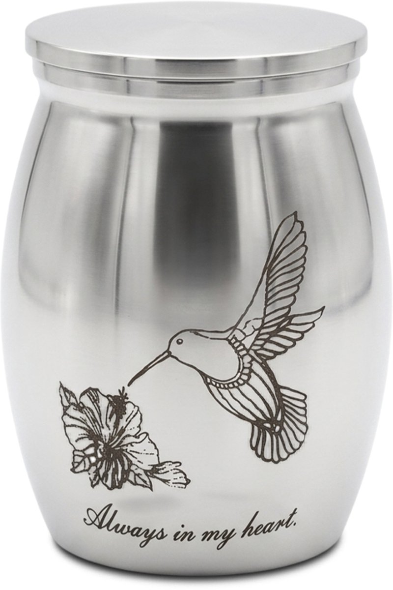 Akerz Mini Urn Kolibrie Zilver – Kleine Herinneringsurn met Bloem – Aluminium – Schroefdeksel – Geschikt voor Dierenas & Mensenas – 4 cm