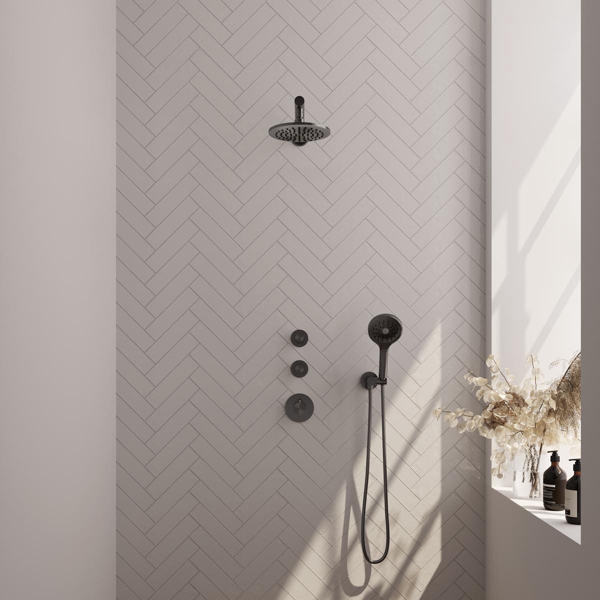 Brauer Gunmetal Edition Thermostatische Regendoucheset Inbouw - Hoofddouche 20 cm - Rechte Wandarm - Handdouche 3 Standen - Doucheslang - Wandaansluitbocht - Gunmetal