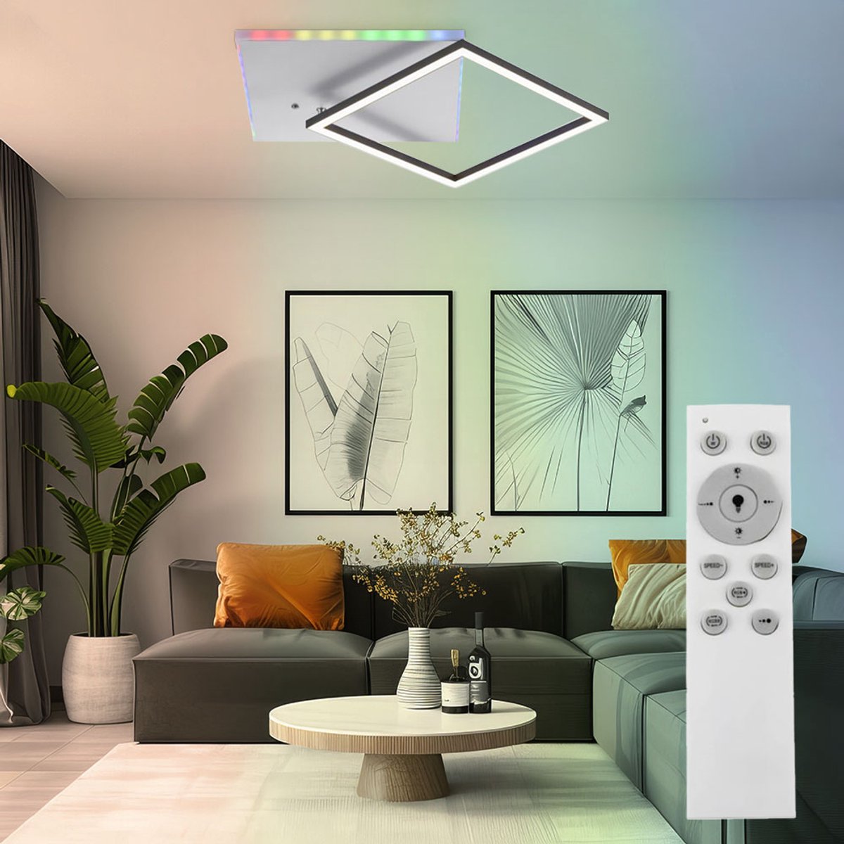 Plafondlamp dimbaar woonkamerlamp regenboog nachtlamp plafondlamp afstandsbediening LED, geheugen, 1x LED 31W 2200lm 2700-5000 Kelvin, LxBxH 59x49x6 cm
