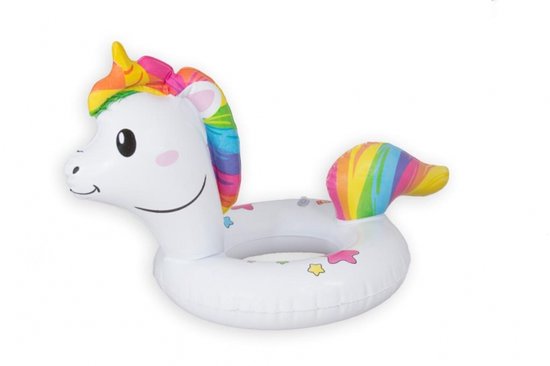 Witte opblaasbare eenhoorn zwemband met regenboogmanen en -staart, met sterren. Een speelgoed.