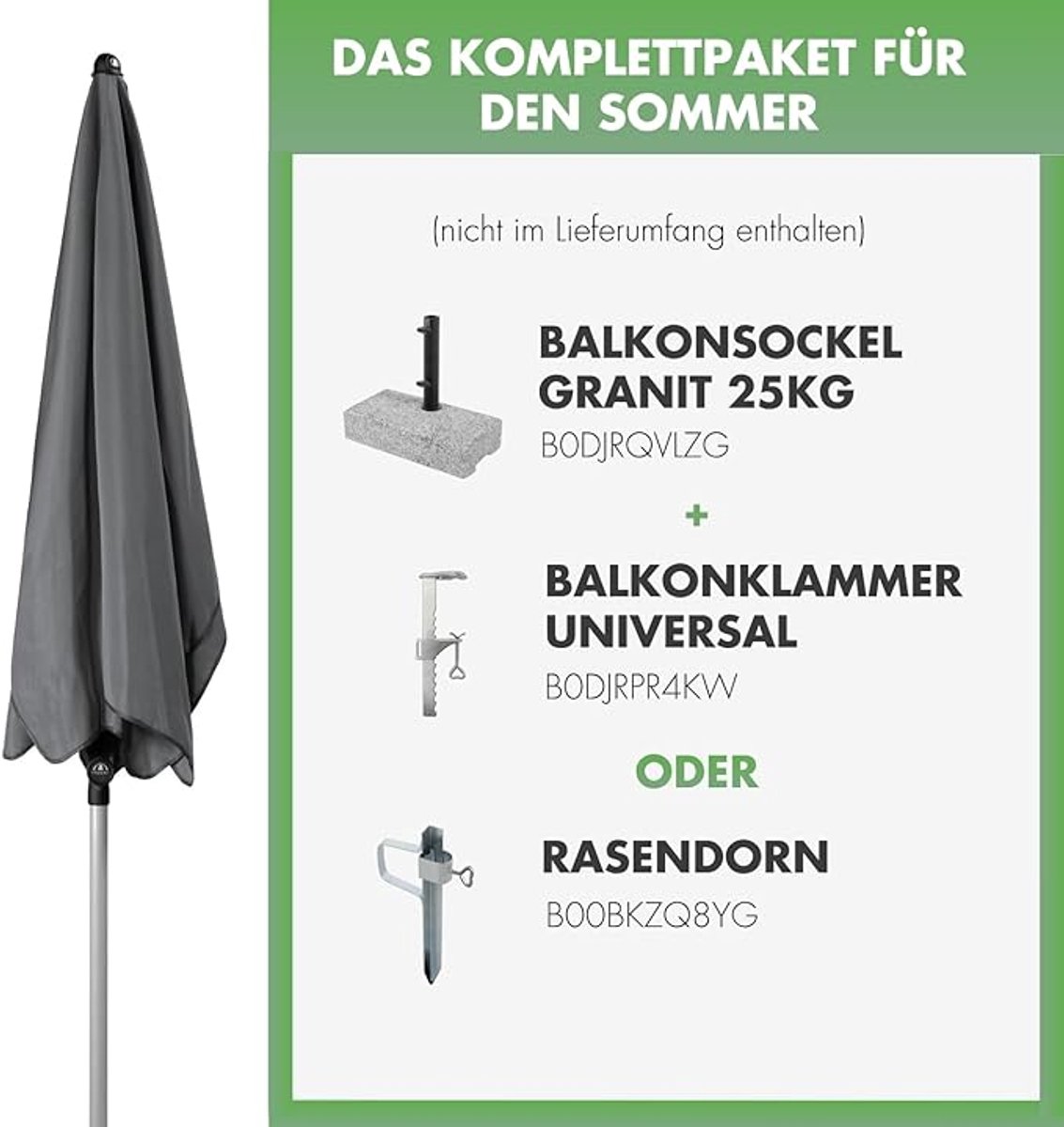 Balkonparasol 180 x 120 cm Rechthoekig – Knikbaar & In Hoogte Verstelbaar – Regenafstotend & UV50+ Bescherming – Compact & Windbestendig – Antraciet – Laura