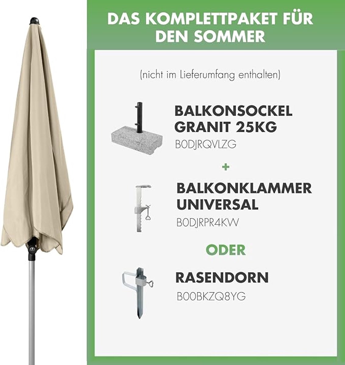 Balkonparasol 180 x 120 cm Rechthoekig – Knikbaar & Hoogte Verstelbaar – Regenafstotend & UV50+ Bescherming – Compact & Windbestendig – Naturel – Laura